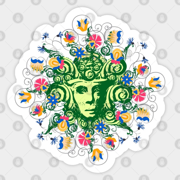 Green woman with medium sized flowers Sticker by Ricogfx